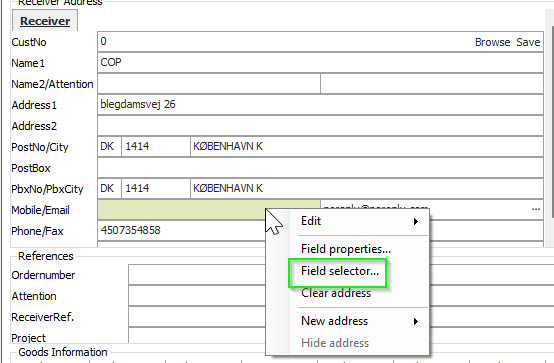 Field selector menu